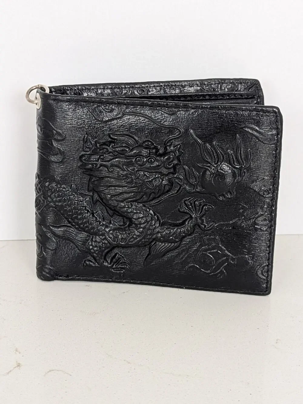 Mens Dragon Black Leather Bifold Wallet W/Metal Ring Asian Style Rock Retro EUC